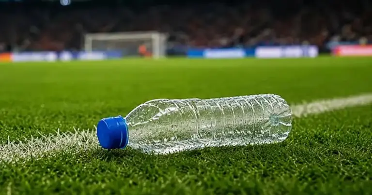 ফুটবল মাঠে পড়ে থাকা একটি বোতলের ছবি